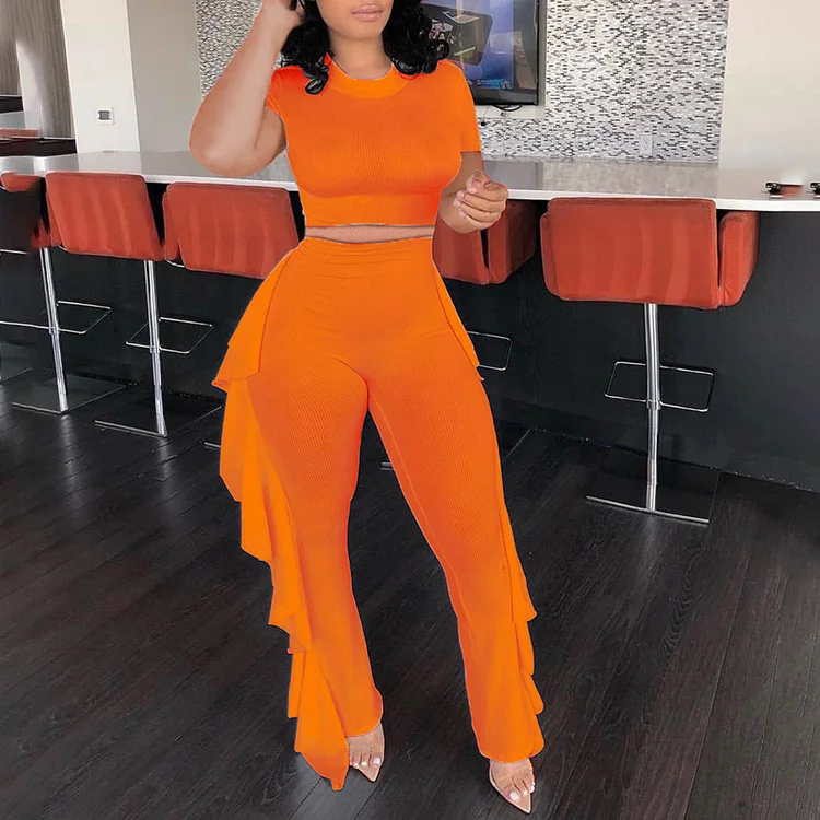 

2021 Chid Pure Ruffle Decorate O Neck Short Sleeve 2 Piece Pants Set Summer Fashion Woman Boutique Sets -YS, White,pink,orange,blue
