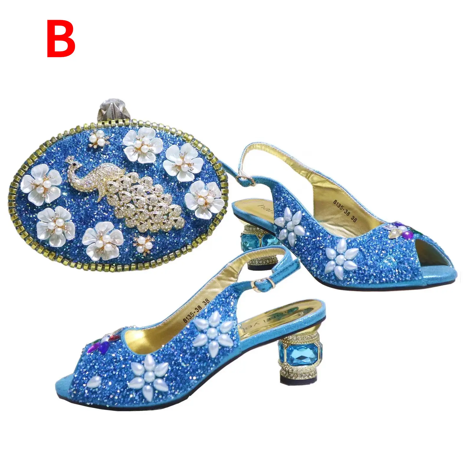 

2022 Big Promotion African shoes and bag set women's high heel with rainbow colors for wedding B15