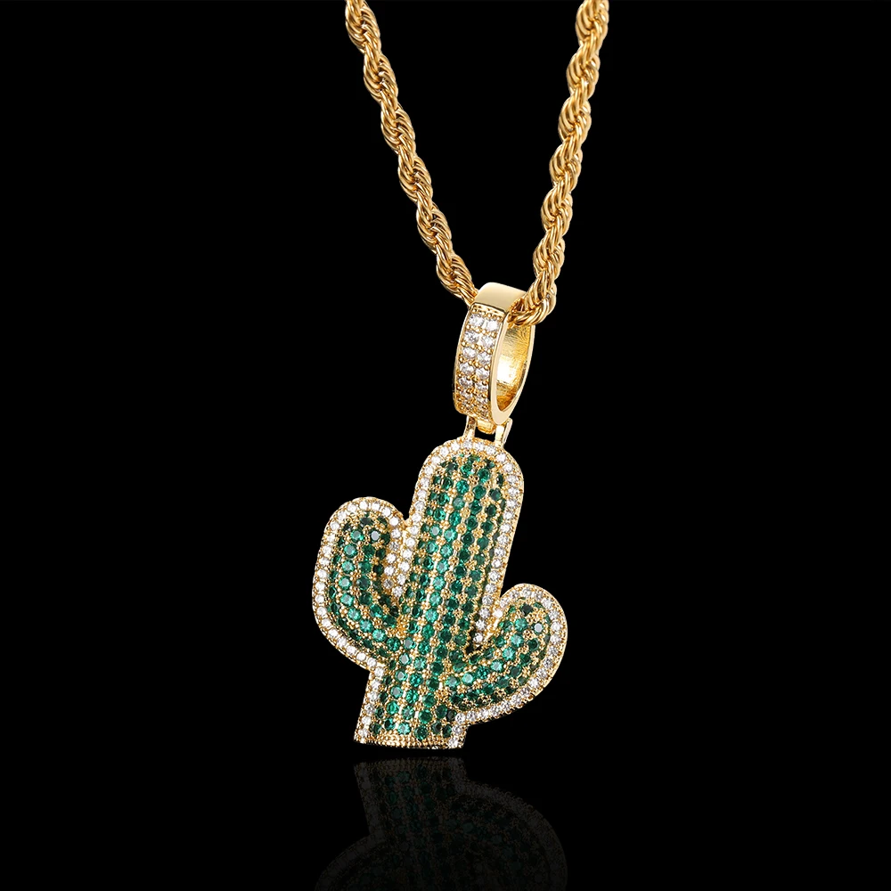 

Wholesale Hip Hop Plant Pendant Jewelry Iced Out CZ Stone Charm Cactus Pendant for Rapper, Picture