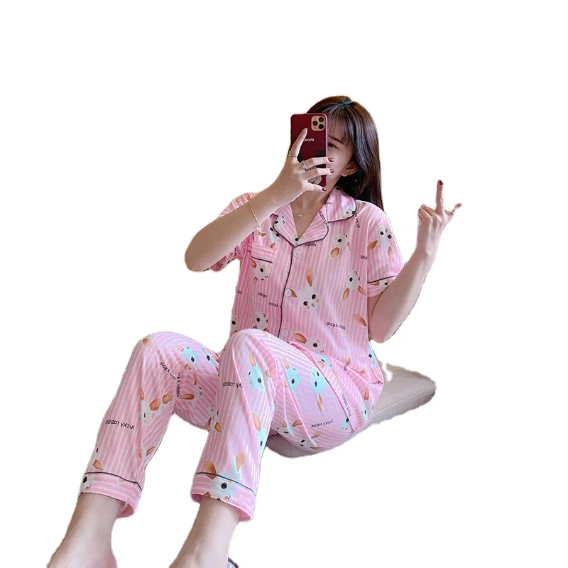 

Women's Sleepwear Printed Cartoons Pyjamas Short Sleeved Pants 2Pcs Suit Pajama Casual Home Dress Home Dress Sleep Wear For Lady, Picture shows