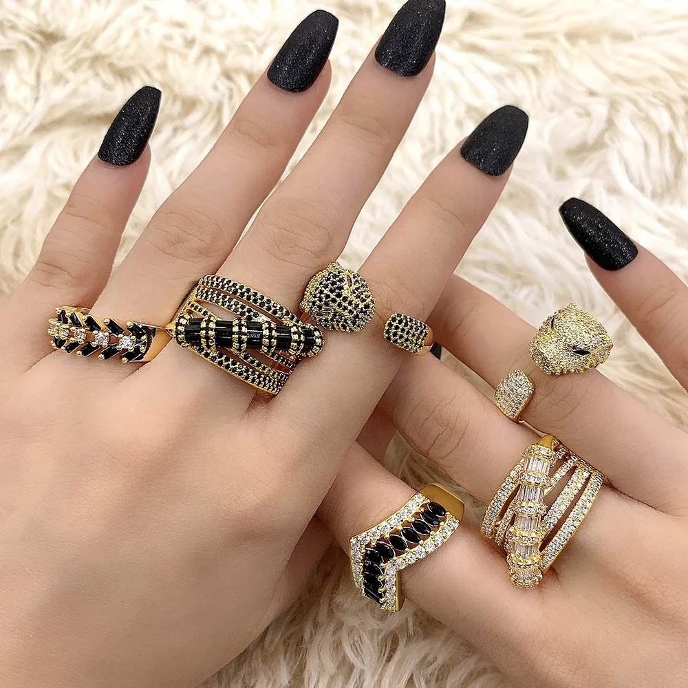

gold filled rings jewelry shining cubic zirconia rings black diamond rings hip hop, White,black