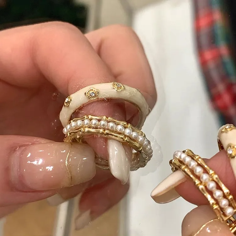 

2 Designs Zircon Star Irregular White Enamel Ring Triple Layered Pearl Open Bamboo Rings for Women Cute Elegant Romantic Jewelry