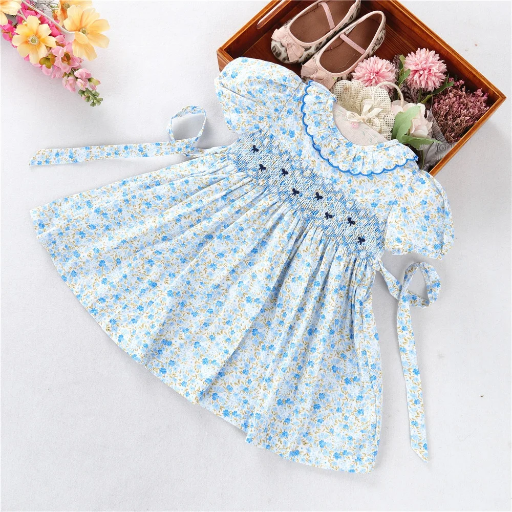 

C042171 summer kids smocked flower floral pink toddler baby dress for girl's dresses children clothes hand made cotton wholesale