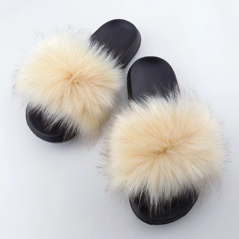 

2021 Regular fur slides High Quality Fluffy Big Furry Faux Fox Fur Slippers Slides For Woman custom logo Fur Slippers, 18colors