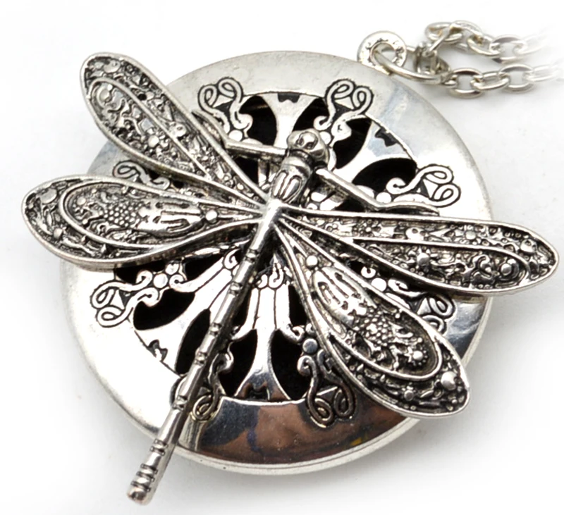 

1pc Antique Silver Dragonfly Aromatherapy Diffuser Locket Pendant Necklace With 28" Chains
