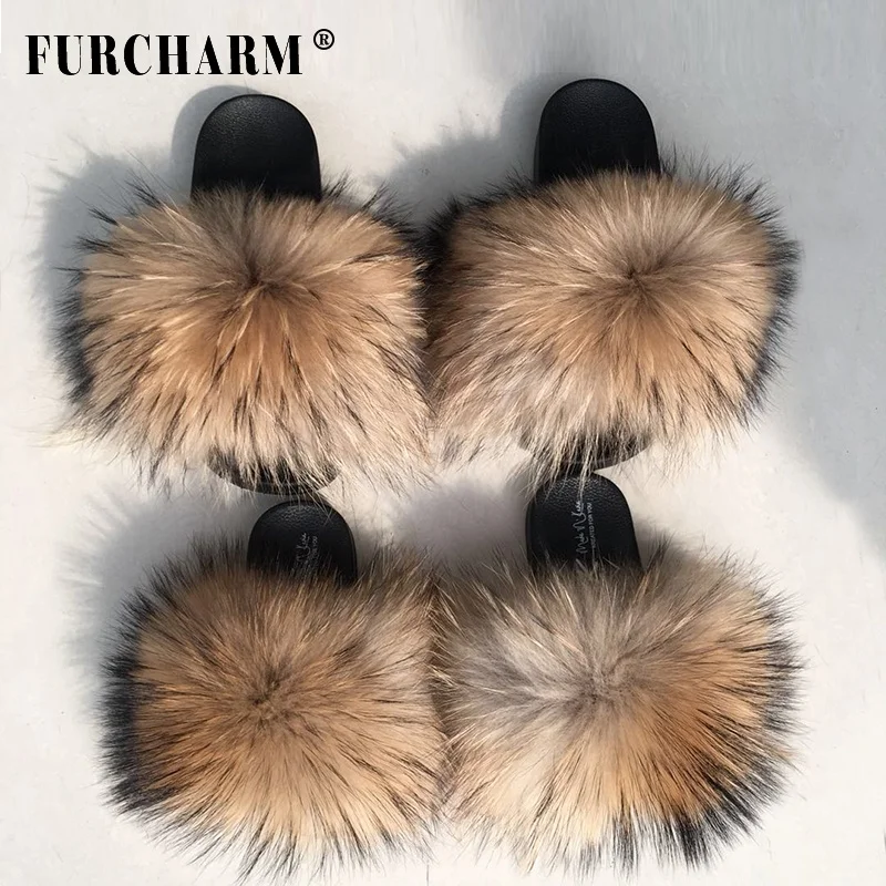 

Women's Fashion Raccoon Fur Soft Sandals Wholesale Women Slippers Natural Color Fur Slides, White/ black/ dark green /red wine / light gray /raccoon color