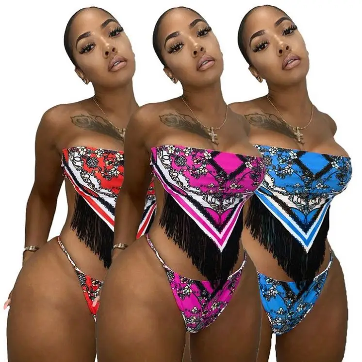 

Best Seller 2021 Summer Print Tassel Ladies Swimsuit Beachwear Sexy Swimwear 2 Piece Bikini Set