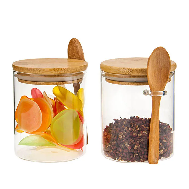 

Wholesales Eco-Friendly Feature borosilicate glass food spice jar clear glass storage glass jars with bamboo lid and spoon, White