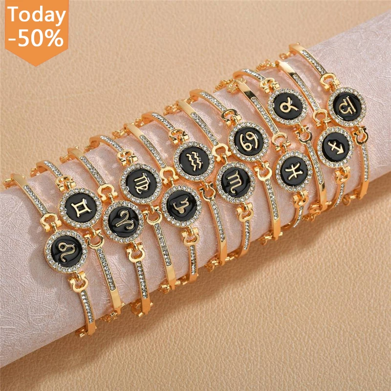 

Wholesale Latest Design Fashion 12 Zodiac Design Bracelet Gold Color Diamond Pendant Charm Bracelet For Women