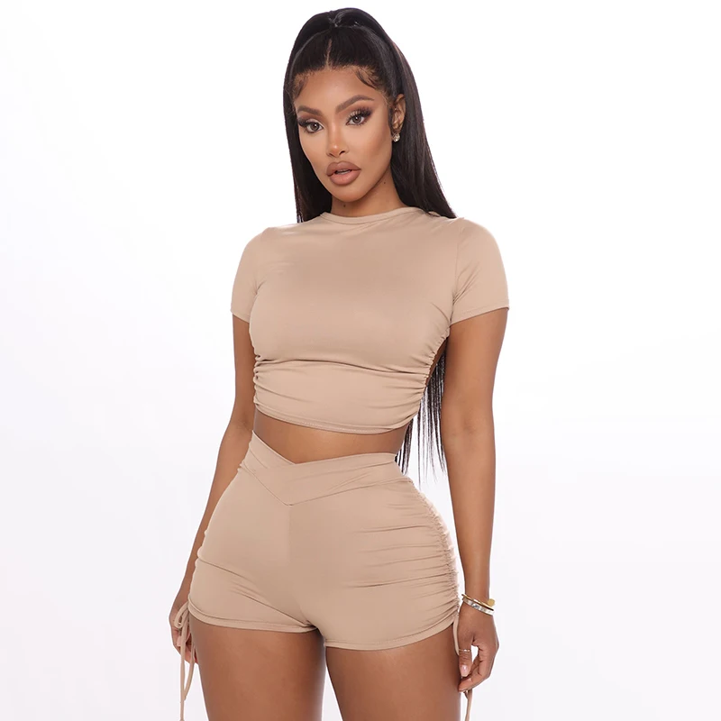 

Amazon Hot sale 2 piece seamless ribbed strap tied backless ruffled Pink shorts crop top 2 piece set women clothing, 2 colors balck nude