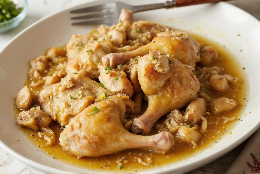 Finished 40 clove garlic chicken plated with roasted garlic cloves and fresh herbs