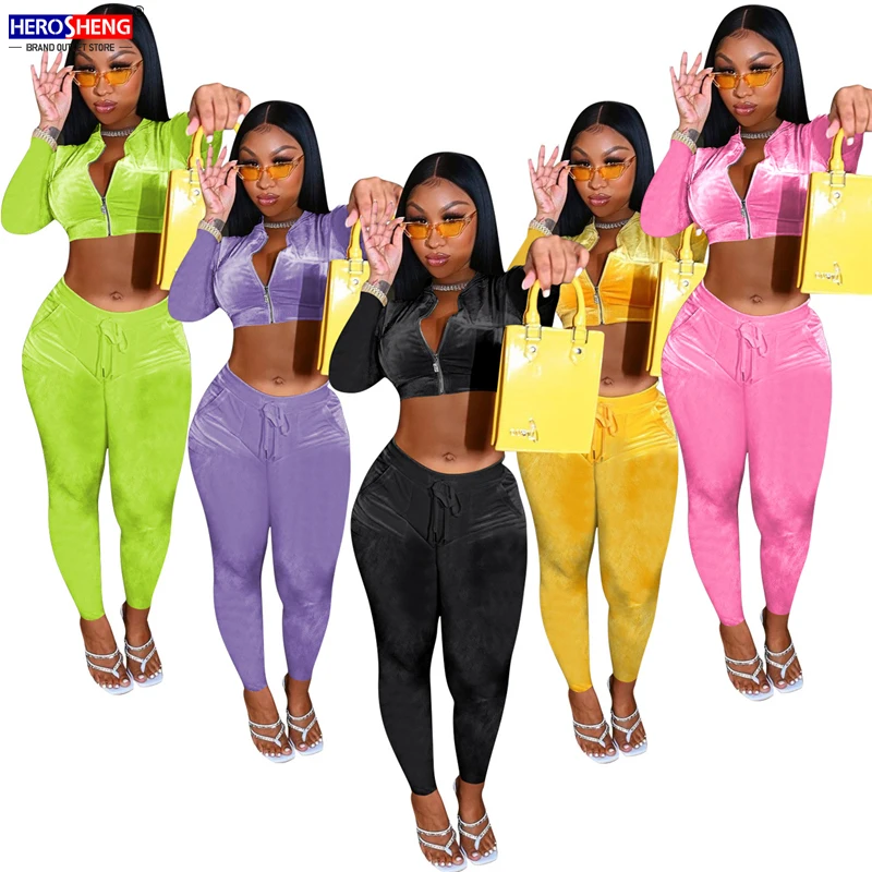 

2021 Womens Jackets Suits Two Piece Sets Pants Zipper Sweatsuit Crop Tops Velour Tracksuit Leggings Jogger Set
