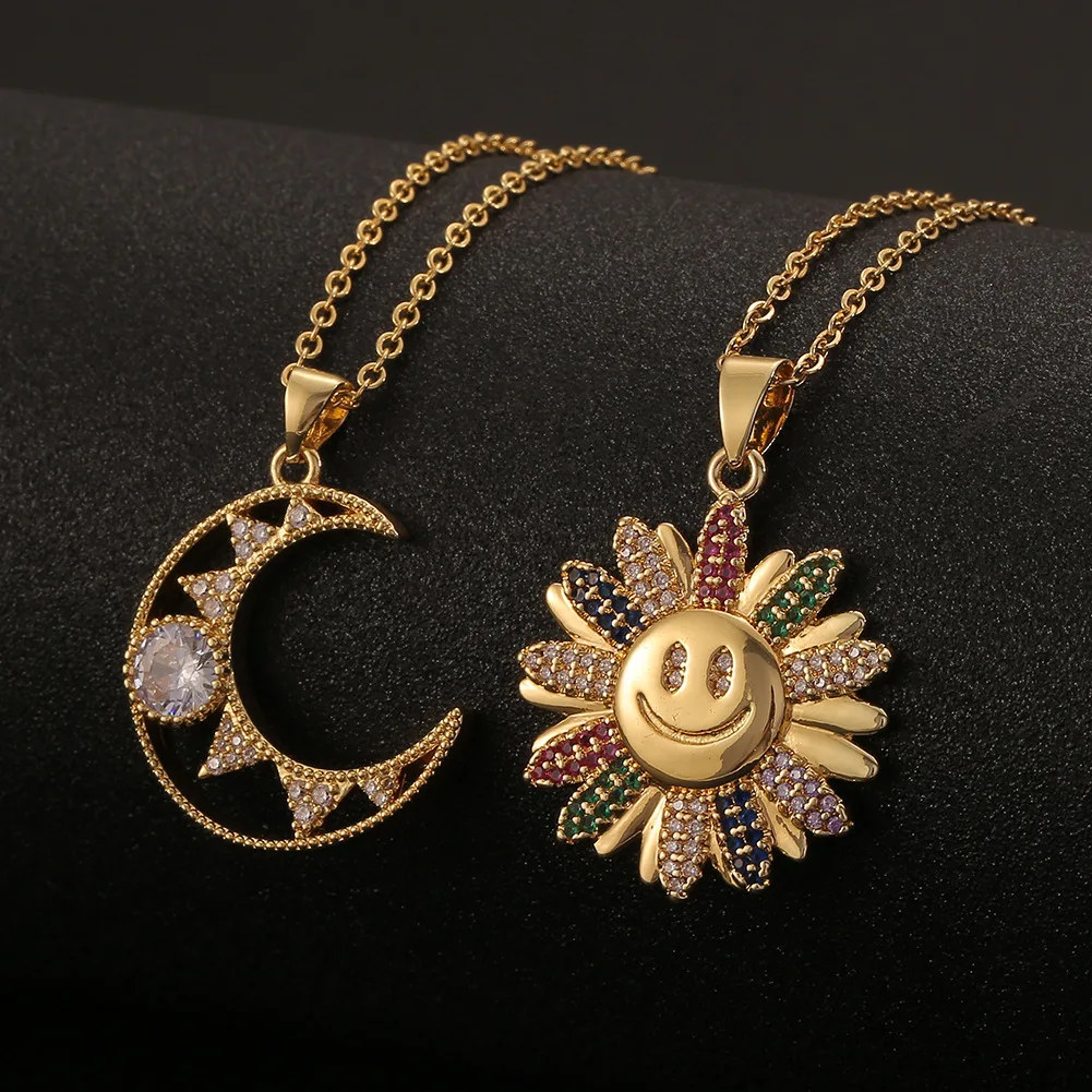 

Hot Sale Vintage 18K Gold Plated CZ Sunflower Moon Pendant Necklace Trendy Crystal Rhinestone Smile Face Moon Necklace