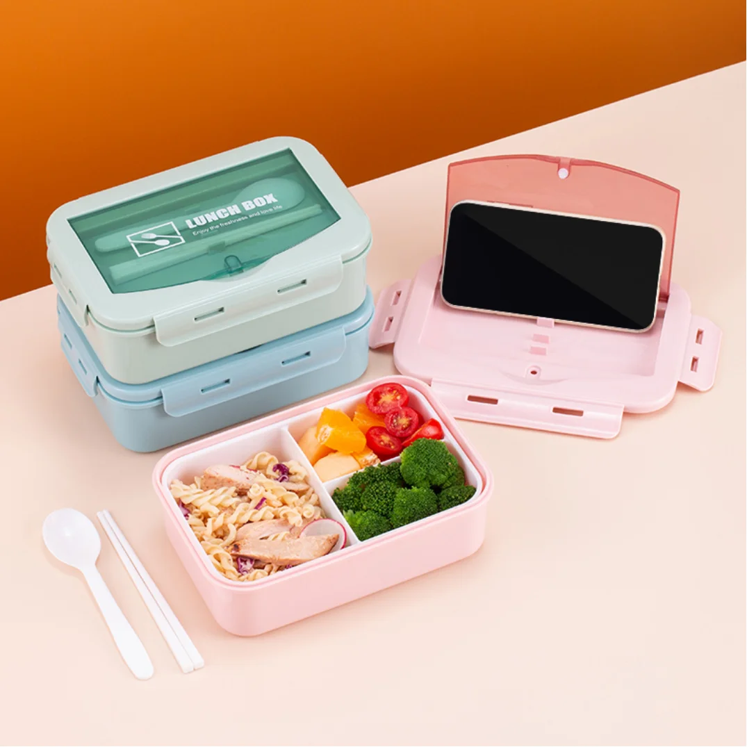 

3 compartments plastic 1400ml bento box reusable pp plastic tiffin box kids lunch box with cutlery