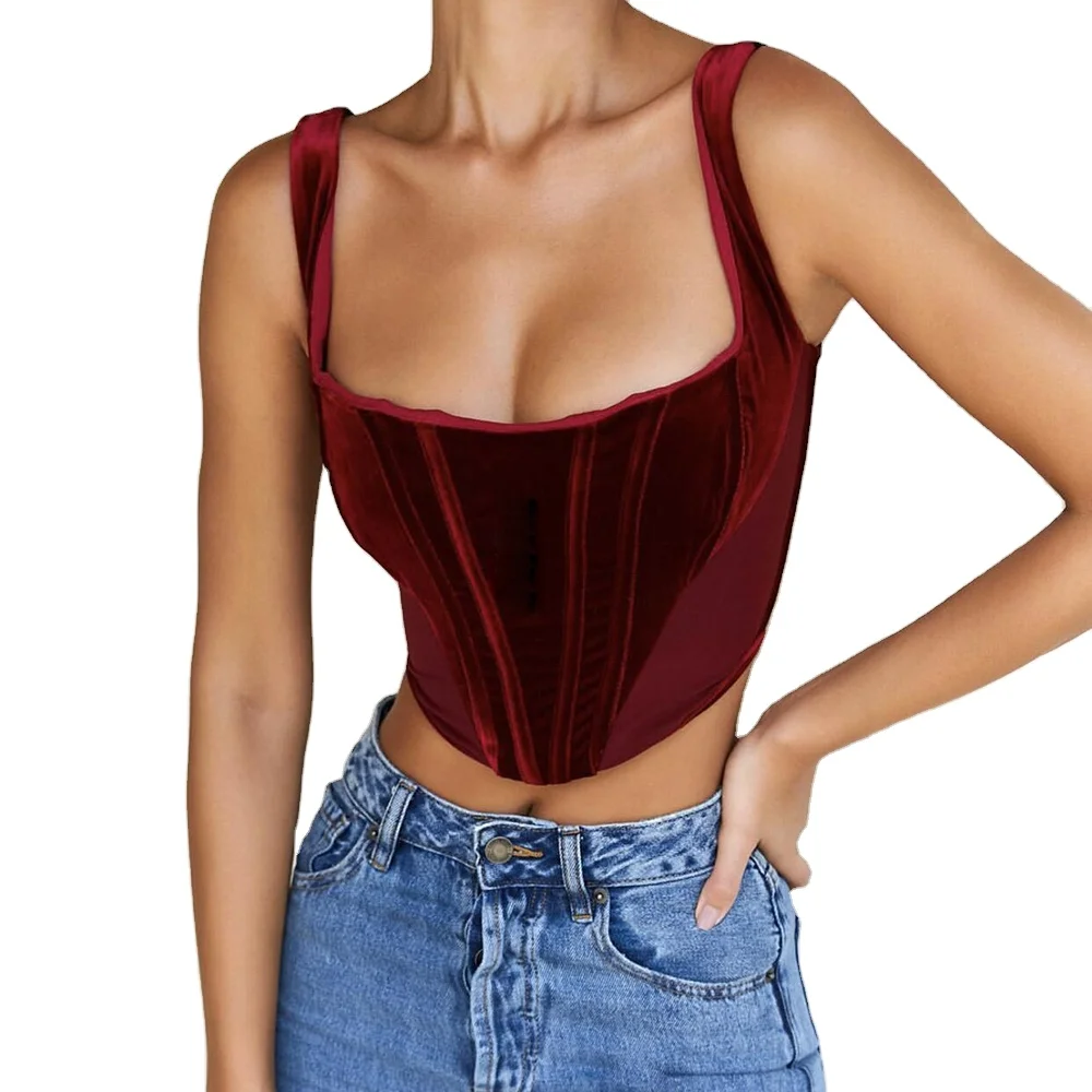 

2021 New Style Sexy Hot Women Girl Solid Color Holiday Beachwear Summer Outfit Spaghetti Strap Velvet Tank Crop Top, Picture