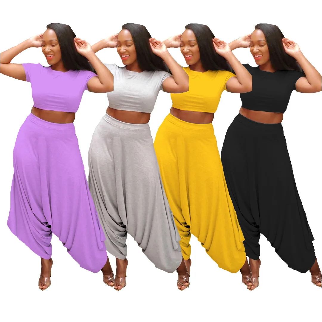

GX02112 hot selling solid color short sleeve crop top loose wide harem pants two piece women clothing set, Picture
