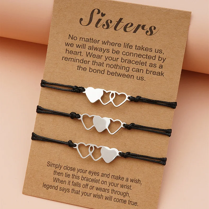 3 PCS/SET Stainless Steel Sister Best Friend Heart to Heart Charm Bracelets Friendship Jewelry Handmade Macrame Rope Bracelet