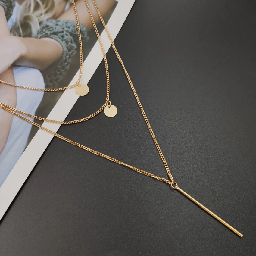 

20028-2 Fashion simple double-layer disc and long short clavicle chain