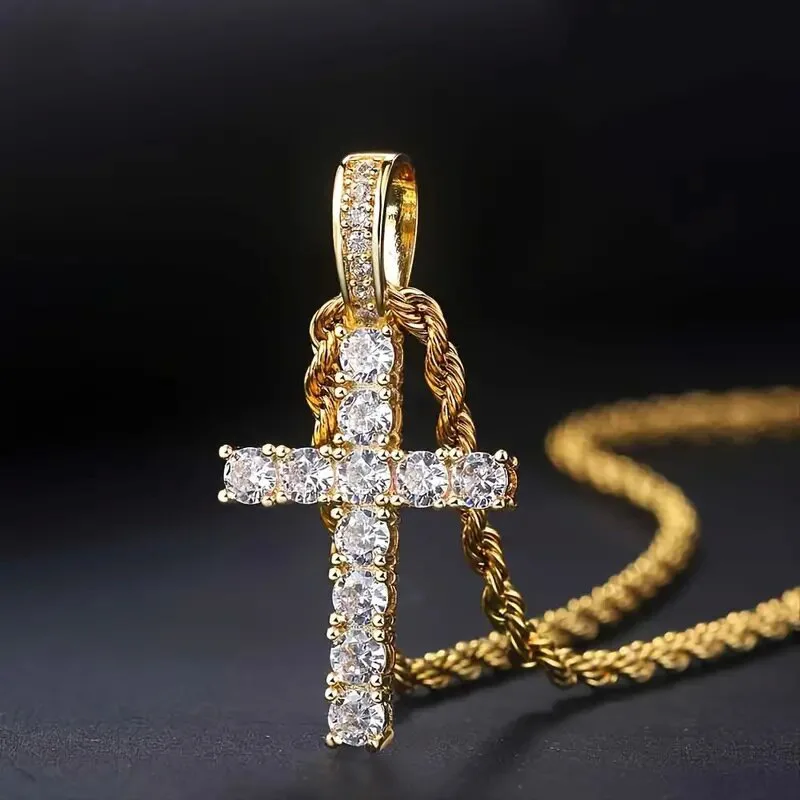 Stainless Steel Rope Chains Brass Pendant Tennis Cubic Zirconia Cross Necklaces