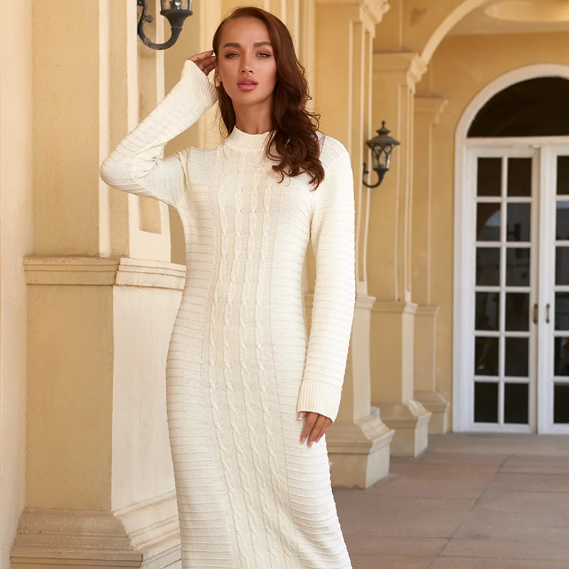 

Wholesale Autumn Winter White Tight Sweater Women Long Sleeve Maxi Tunic Stylish Dress Pullover