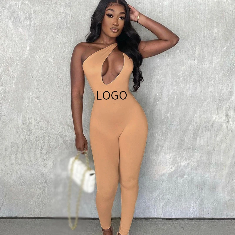 

Fall solid color one shoulder sleeveless romper bodycon one piece jumpsuit for women