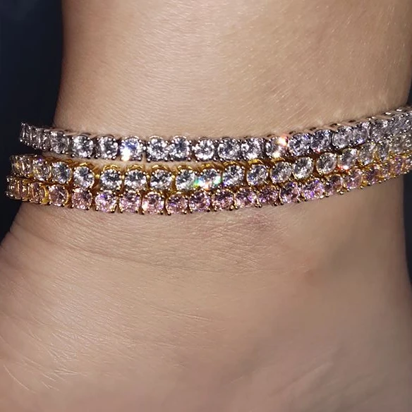 

Silver Iced Out Brass CZ Hip Hop 3MM CZ Tennis Chain Anklet Foot Jewelry