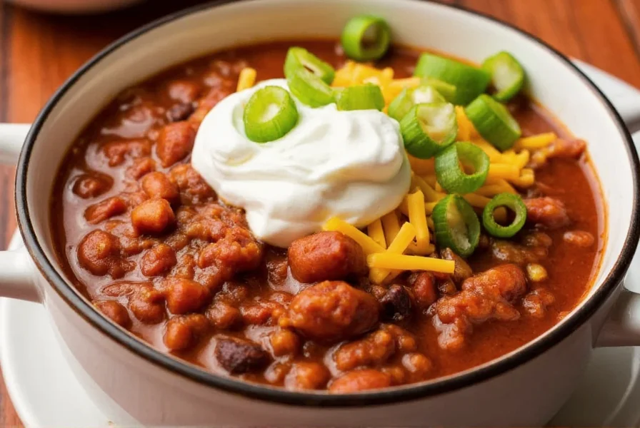 Finished bowl of homemade chili with toppings including sour cream, cheese, and green onions