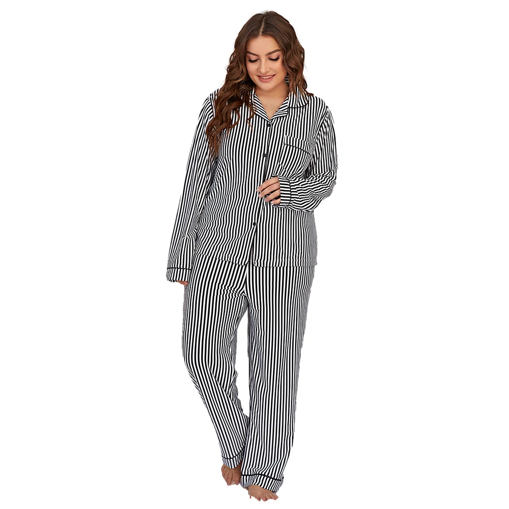 

Long sleeve big size nightwear sleepwear leisure wear stripe pajama fall winter plus size women clothing outfit two piece set, Black and white stripes