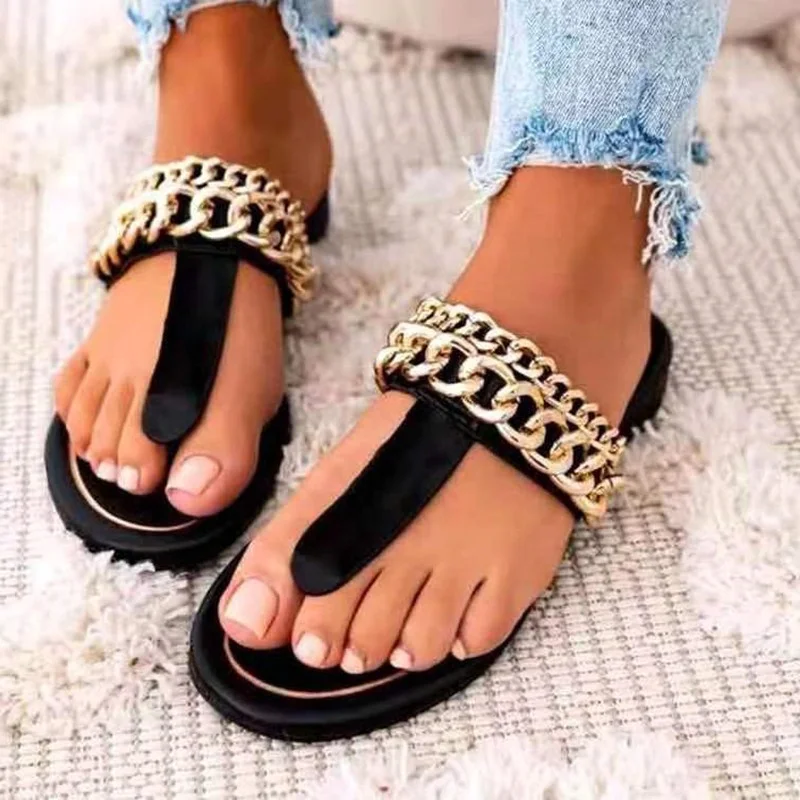 

Outdoor Beach Women Summer Shoes Open Round Toe With Metal Chain Decorate Flip-flop Flat Black Apricot Women Slippers Slides