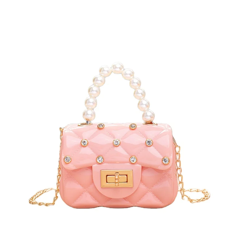 

New Fashion Mini Cute Kids Purse And Handbags Designer Little Girls Purse Small Pearl Handbags Kids Jelly Purse Bag With Chains, White,yellow,red,green,black,pink