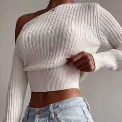 LH0483 Newest Design Solid color Off-shoulder Casual Crop top Loose Knitted Sweater Long Sleeve Top Autumn Sweater For Women
