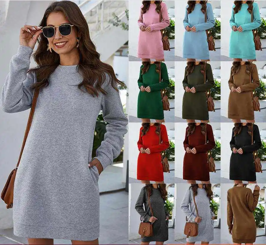

Ready to Ship Wholesale Plus Size Women Fall Winter Fashion Long Sleeve Dresses Woman Casual Shirt Dresses, As shown