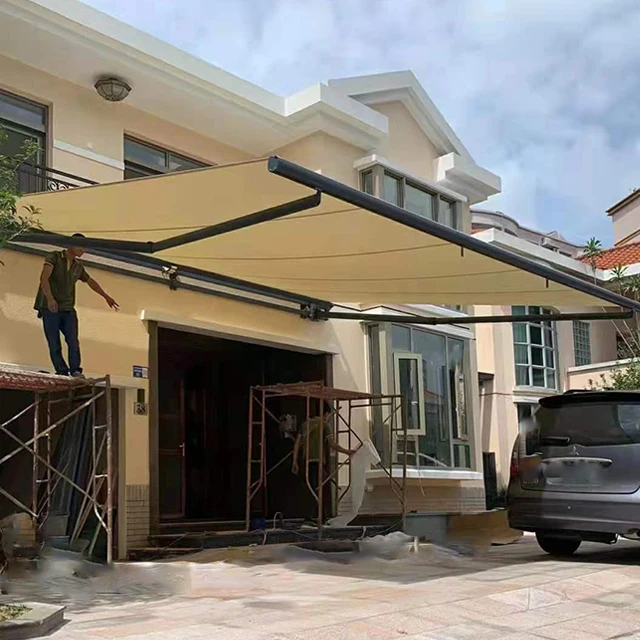 

5m Projection aluminum black frame double chain arm electric retractable folded arm awnings supplier awning canopy retractable, Any color is available