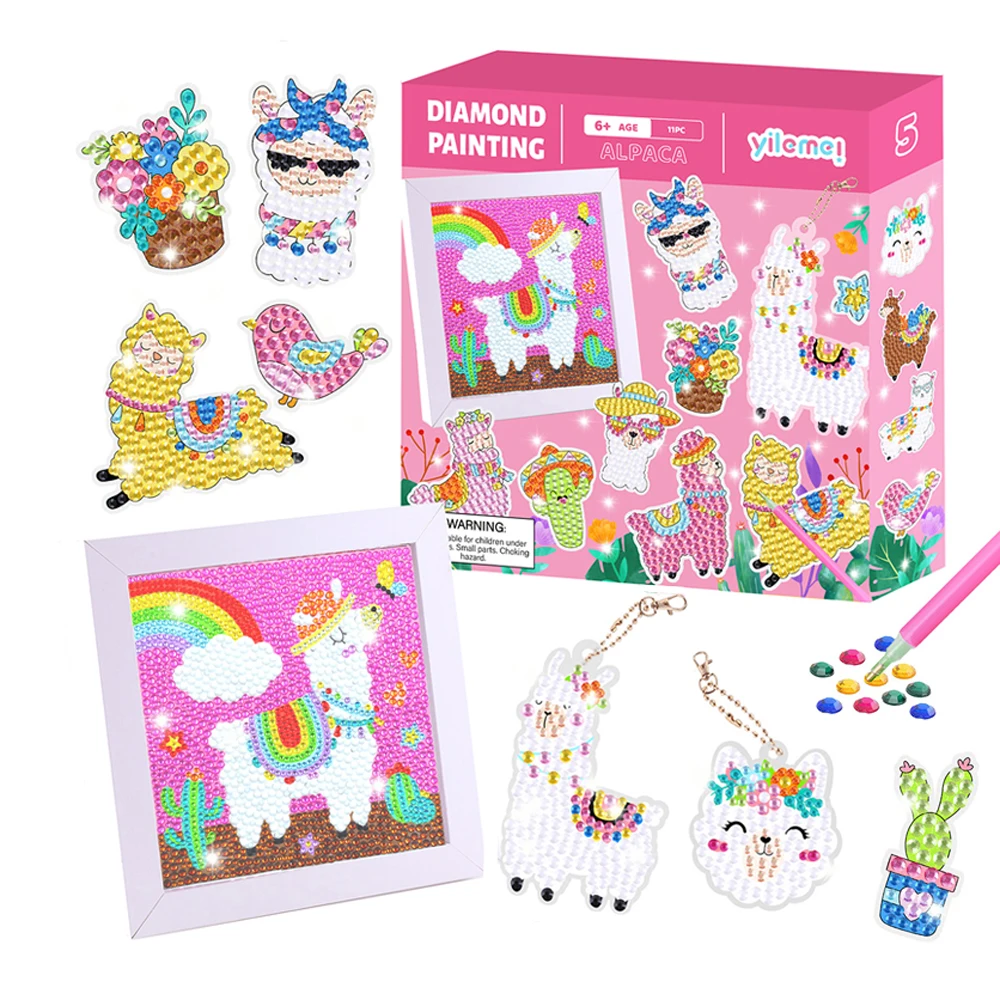 Image of New Trend Alpacas on Vacation Diamond Painting Crafts Set Cartoon Sticker Diamond Keychain Kids Photo Frame Diamond Painting