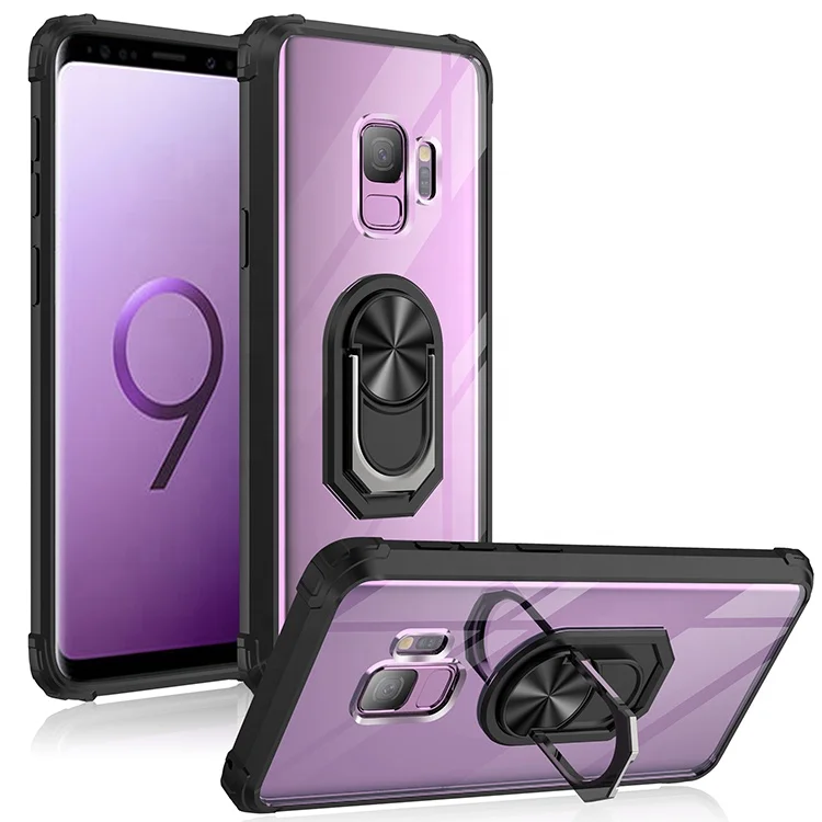

360 Degree Military Hard PC Metal Ring Magnetic Stand Holder Mobile Phone Case for Samsung S8+ S9 S9 Plus Clear Cover, Black, blue, silver, red