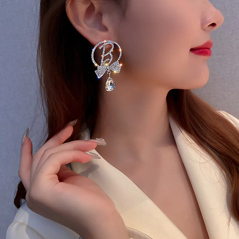 

Circle letters full diamond bow earrings European drop-shaped earrings