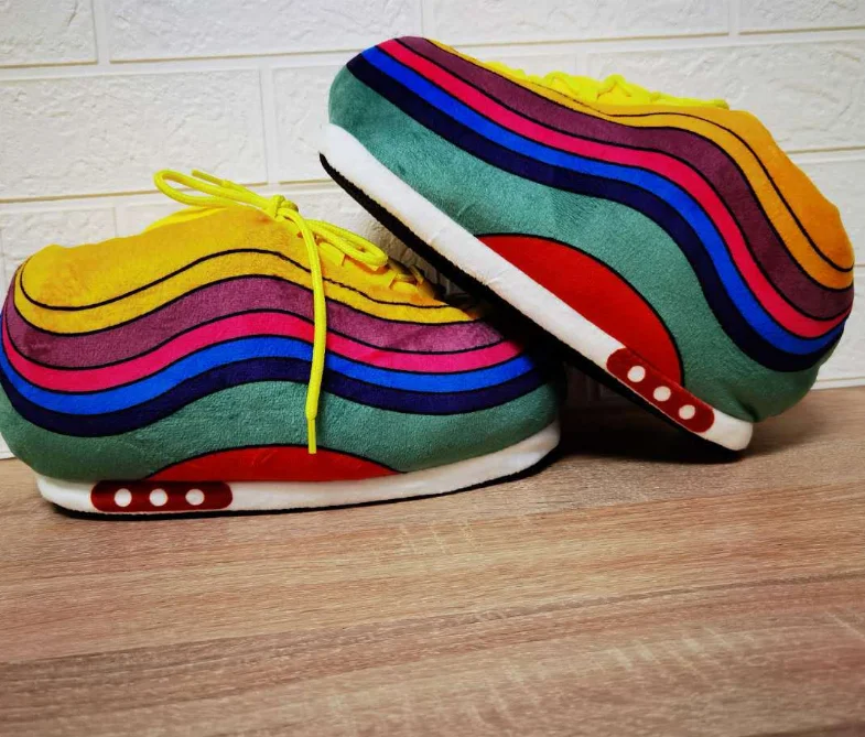 

Winter Women's Plush Slippers Rainbow Stripes Indoor Warm Sandals Snug Sneakers Soft Bedroom Non-slip Slides Bread Slipper