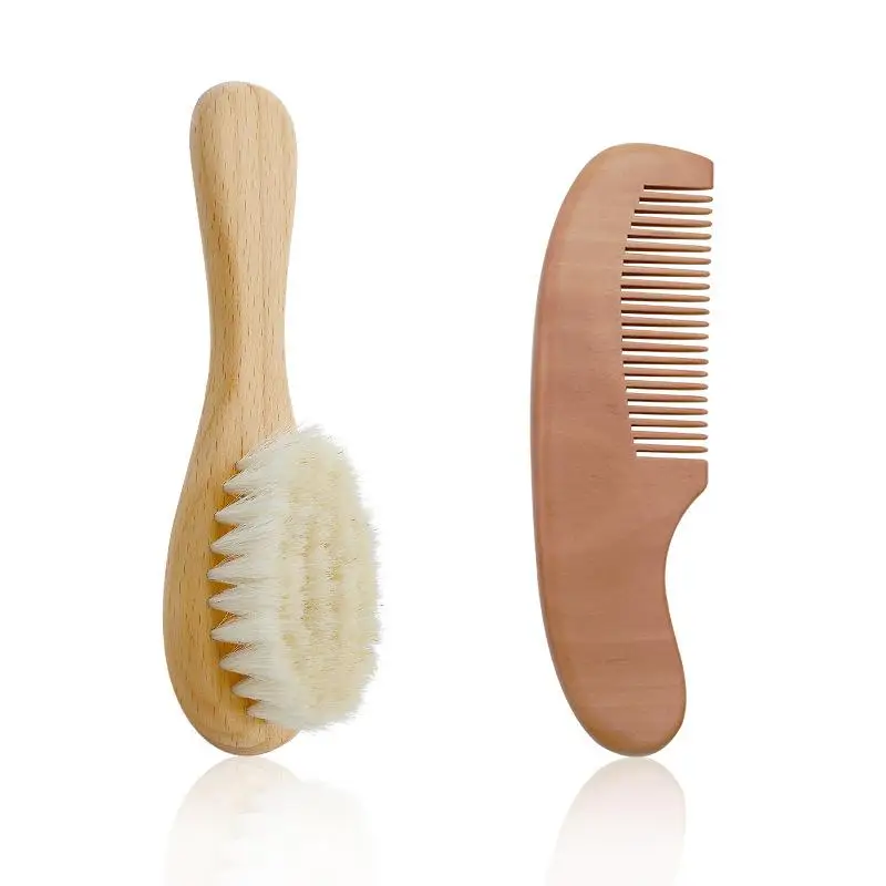 

Professional Natural Wood Baby Hair Brush Kids Massage Wooden Hair Brushes Newborn Goat Brush Hair Comb Set Wholesale