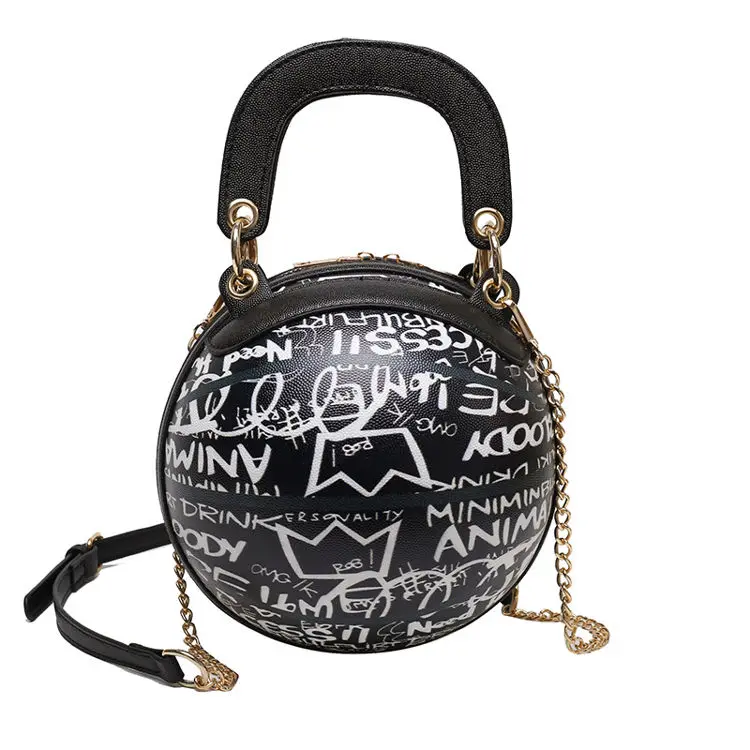 

Wholesale Fashion Black Graffiti Bag Personalised Sac En Ballon De Basket Letter Printing Pu Leather Basketball Graffiti Handbag