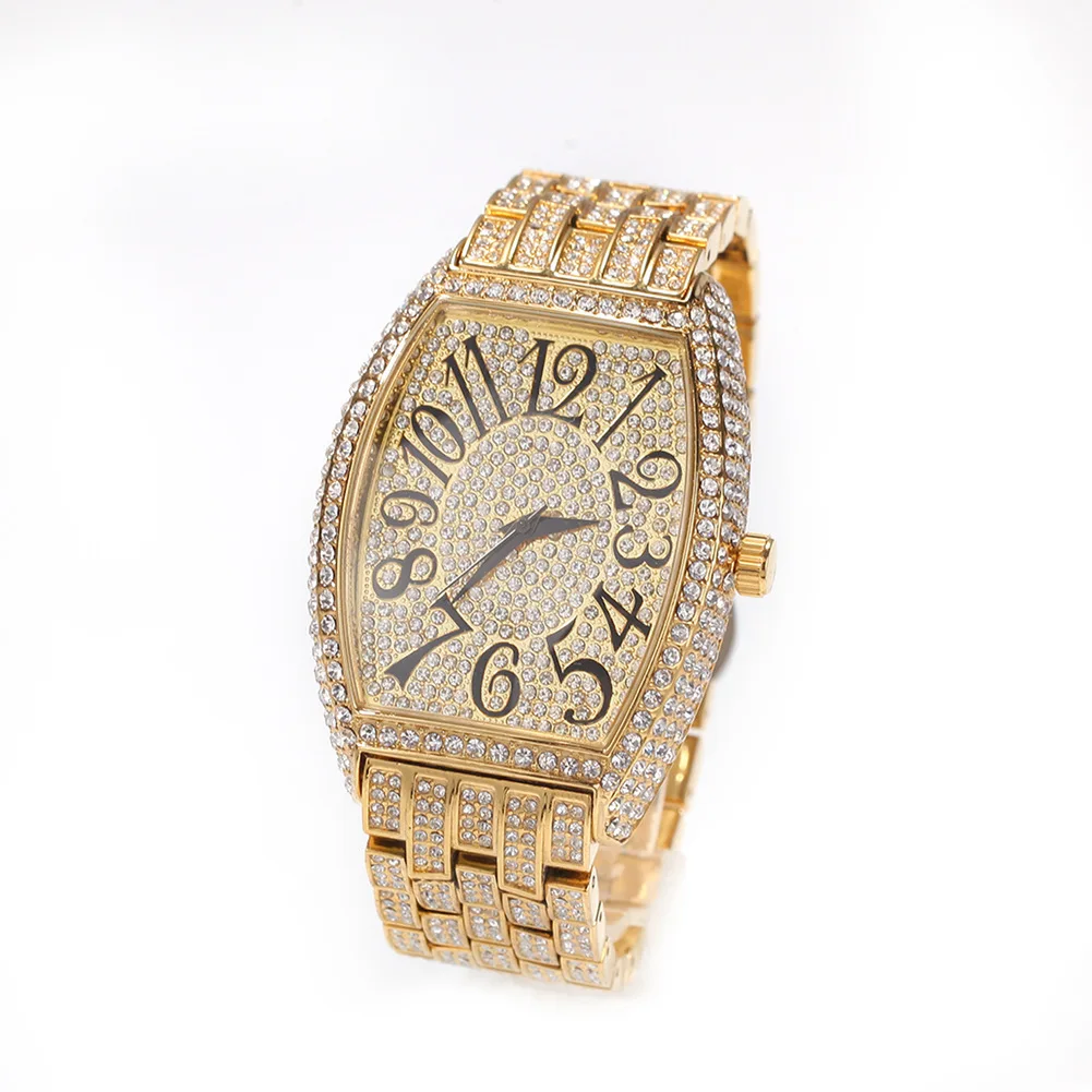 

Luxury Men Multi-color Fashion Arabic Numerals Full Diamond tonneau Quartz Watches Hip Hop Ice Out Cuban Watch For Men