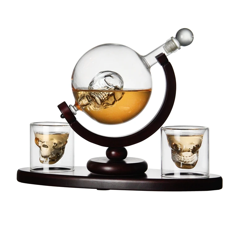 

2 Skull Shot Glasses Liquor Dispenser for Liquor Bourbon Vodka Skull Whiskey Decanter Set with Wooden Base