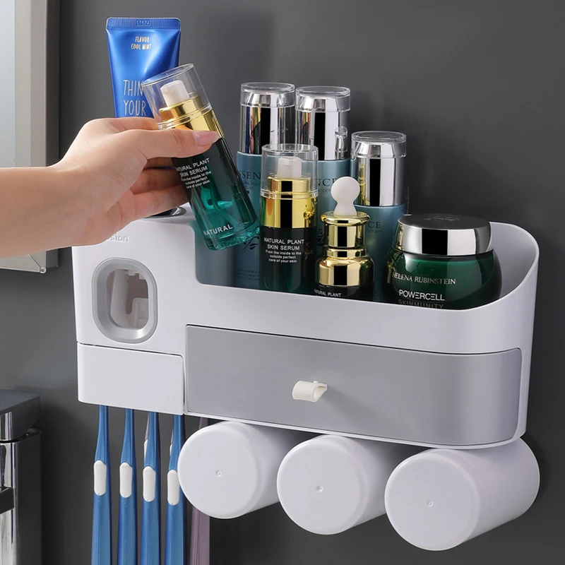 

Punch free self-motion toothpaste dispenser with 3pcs Toothbrush suits Bathroom products, Customized