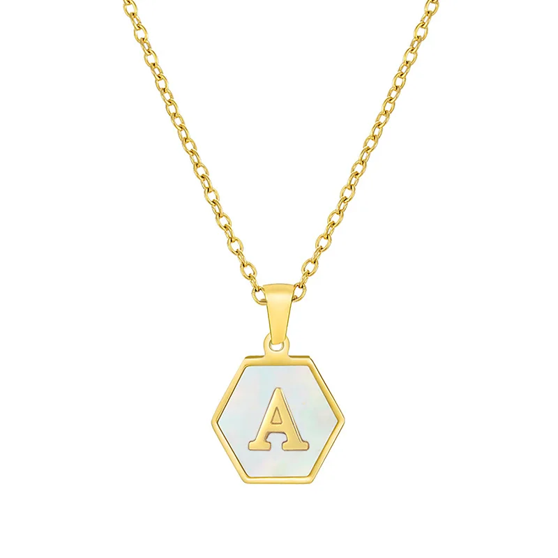 

2022 New Trendy 18k Gold Plated 26 English Alphabet Letter Inital White Shell Inlaid Hexagon Shape Pendant Necklace Jewelry