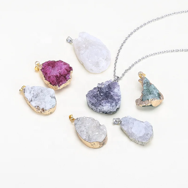 

Natural Crystal Quartz Cluster Druzy Stone Amethyst Gold Plating Mineral Pendant Jewelry Making Tools