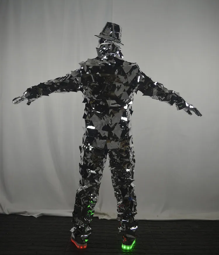 Shiny Silver Mirror costume men popular star Performance Dance Show Bodysuit with Hat sexy cool Singer Sequin Bodysuits costumes