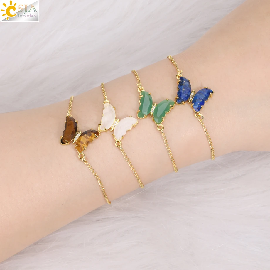 

CSJA Wholesale Fashion Jewelry Bracelet Stainless Steel Healing Reiki Natural Stone Rose Quartz Butterfly Women Bracelets