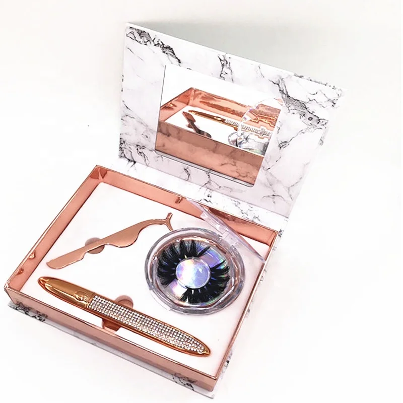 

1/3 pairs mink lashes magnetic eyelashes with eyeliner glue pen and tweezer in a marble box with mirror, Black