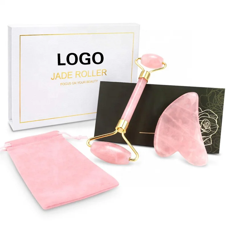 

High Quality 100% Natural Jade OEM Skin Care Tools Jade Roller Gua Sha Stone Set Facial Beauty Massager Face Roller With Box, White / green/custom