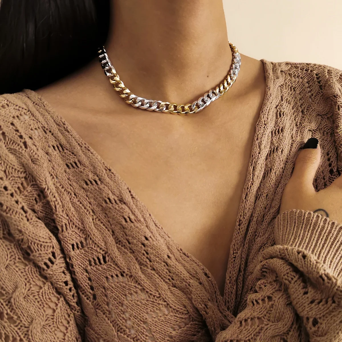 

2021 New Design Hip-hop Necklace Trend Mixed Gold Silver Color Chain Link Necklace Choker For Women