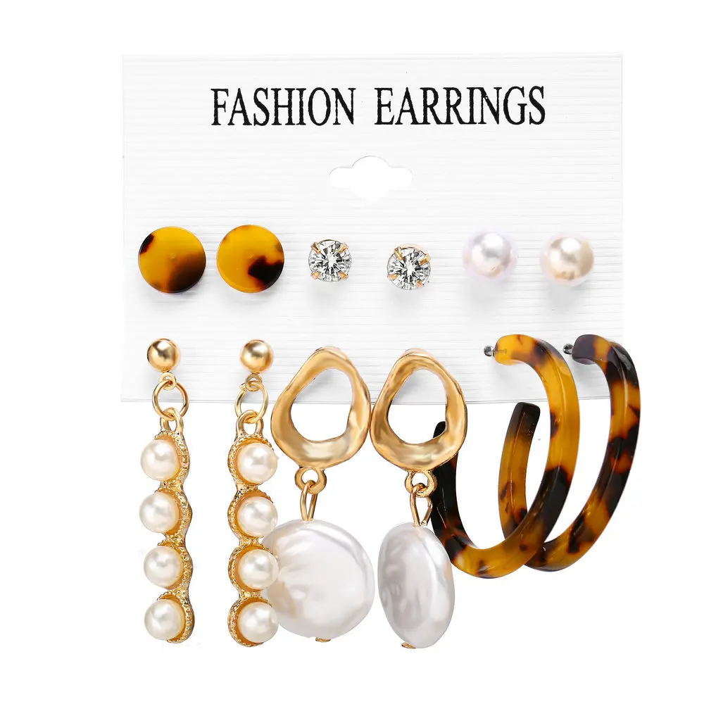 

2021 round acrylic pearl earrings mixed design leopard print tassel earrings set for ladies trending jewelry